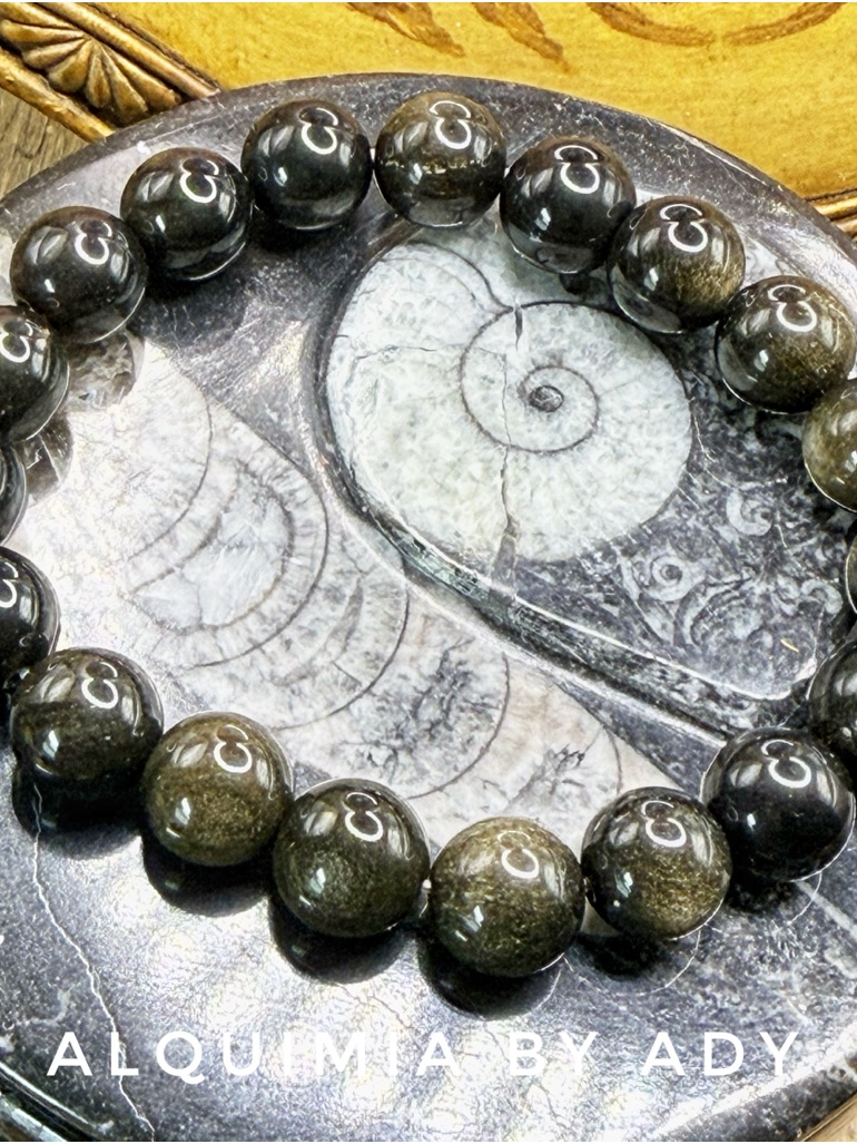 Golden Black Obsidian Beaded Bracelet  Chunky 12mm